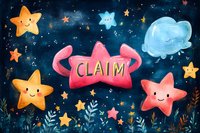 Cute kawaii stars with smiling faces and claim text on dark night sky background with moon and sparkles. Watercolor style illustration for children design.