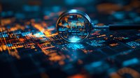 Crystal sphere reflects glowing circuit board with orange and blue lights creating futuristic technology concept for digital transformation and innovation.