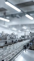Modern pharmaceutical manufacturing facility with automated glass bottle production line and sterile white industrial environment for medical packaging.