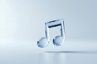 Transparent musical note made of clear ice or glass floating on light blue background, symbolizing frozen music concept for creative projects.