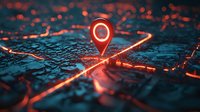Glowing red location pin marker on dark city map with illuminated streets and blurred bokeh lights, modern navigation concept for mobile apps and GPS services.