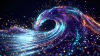 Glowing spiral vortex with flowing particles and light trails in cyan, purple, and gold tones against dark background for digital art, motion graphics, and technology designs.