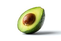 Fresh ripe avocado half with pit on white background, isolated organic superfood for healthy eating and cooking recipes.