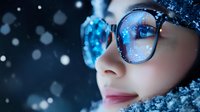 Young Asian woman in glasses with winter reflection and bokeh lights, close up portrait with snowy effect and magical blue glow, dreamy seasonal atmosphere.