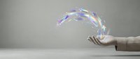 Business professional hand releasing colorful holographic data streams in modern office environment for digital transformation concepts.