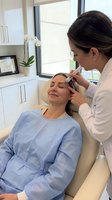 Professional dermatologist performing cosmetic injection treatment on relaxed female patient in modern medical clinic setting.