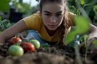 Young Caucasian woman in yellow t-shirt harvesting fresh tomatoes from garden soil, close-up portrait through green leaves in natural lighting.