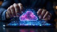 Businessman hands protecting glowing cloud computing network with digital data connections and cybersecurity technology for modern business solutions.