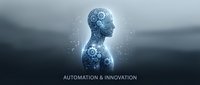 Digital human silhouette with glowing gears and cogs representing artificial intelligence, automation, and innovation technology for business solutions.