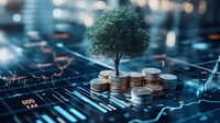 Green tree growing from stack of coins on financial chart background with stock market data and bokeh lights, representing sustainable investment and wealth growth.