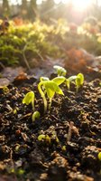 Young green seedlings emerging from rich dark soil in warm golden sunlight, symbolizing new life, growth and fresh beginnings in organic gardening.