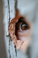 Brown eye peering through broken wall hole, close-up view with selective focus capturing mystery and surveillance concept. Dramatic lighting highlights iris detail.