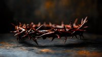 Crown of thorns on dark background with dramatic lighting and water drops, religious symbol representing sacrifice and faith, macro photography with selective focus.
