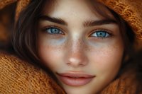 Young Caucasian woman with striking blue eyes and freckles wrapped in cozy orange knit sweater, natural beauty portrait for lifestyle and fashion content.