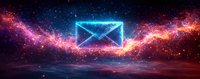 Glowing neon mail envelope icon floating in cosmic space with colorful nebula and stars, digital communication concept on dark background.