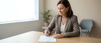 Professional businesswoman in gray suit signing contract documents at modern office desk during important business meeting.