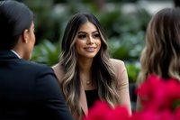 Young Hispanic businesswoman with long wavy ombre hair smiling confidently during outdoor meeting with colleagues in professional setting. Soft natural lighting.
