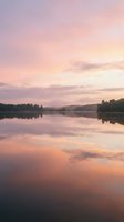 Serene lake at dawn with soft pink and purple sky reflecting on calm water, surrounded by forested shoreline. Ideal for wellness, travel, and nature-themed designs.