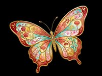 Ornate butterfly with intricate floral patterns in warm gold, red, and turquoise tones, isolated on transparent background. Ready for t-shirt designs, clipart, stickers, and print-on-demand products.