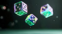 Glowing transparent dice with green illumination floating in dark space with bokeh effects, creating magical gaming atmosphere for casino and entertainment concepts.
