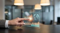 Businessman hand touching holographic display with financial charts, graphs and global analytics data on modern office desk.
