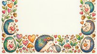 Whimsical hedgehog family with hearts and foliage border frame on cream background, isolated design element for greeting cards, invitations, and children's projects.