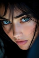 Close-up portrait of young Asian woman with striking blue eyes and dark hair falling across face, dramatic lighting emphasizes mysterious atmospheric mood.
