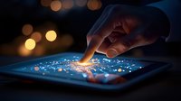 Glowing digital tablet screen with finger touch creating magical light effect and bokeh particles against dark background, representing digital transformation.