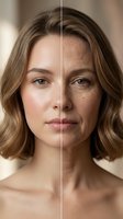 Split screen comparison showing young and aged Caucasian woman face demonstrating aging process and skincare treatment effects for beauty industry.