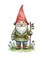 Garden gnome character wearing red pointed hat and green tunic, holding lantern and staff, surrounded by flowers and grass on white background. Isolated clipart suitable for children's designs, garden decor, and merchandise.