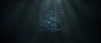 Glowing digital particles form a holographic cube in dark space, representing data visualization, technology, and network connectivity for digital transformation projects.