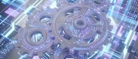 Futuristic digital gears and circuit patterns with glowing neon lines on technology background, representing innovation, data processing, and artificial intelligence systems.