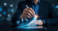 Professional businessman analyzing financial data with digital holographic charts and growth statistics on modern interface for business analytics.