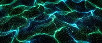 Glowing neon network mesh with flowing cyan and green light particles creating digital connectivity waves for technology and data visualization backgrounds.