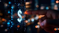 Glowing dollar symbol floating in dark space with finger touching, sparkles and bokeh lights creating magical financial concept atmosphere.