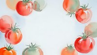 Watercolor tomatoes frame border with fresh red and green vegetables on white background for organic food design and healthy cooking projects.