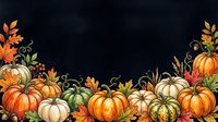 Autumn harvest arrangement with orange, white, and green pumpkins, gourds, and fall foliage on dark background. Seasonal decoration for thanksgiving designs and harvest celebrations.