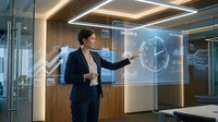 Asian woman in business attire presenting data analytics and digital clock interface on holographic display in modern office environment with wooden paneling.