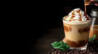 Layered caramel macchiato topped with whipped cream and drizzle sauce, served in glass with coffee beans and green leaves on dark wooden background.