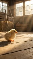 Young fluffy chick standing on wooden barn floor with golden sunlight streaming through windows, hay bales visible in rustic farm setting.