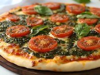 Fresh homemade pizza with pesto sauce, sliced cherry tomatoes and basil leaves on wooden board, close up view of traditional Italian cuisine.