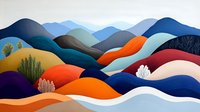 Colorful rolling hills and mountains in abstract minimalist style with curved shapes and layered landscape design featuring vibrant orange, blue and red tones.