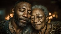Elderly African American couple embracing with warm smiles, showing love and companionship in golden hour lighting for family and relationship concepts.