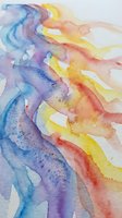 Abstract watercolor painting with flowing blue purple orange yellow brushstrokes creating dynamic fluid movement for creative projects and artistic backgrounds.