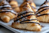 Flaky pastry triangles drizzled with dark chocolate and dusted with powdered sugar on white surface, close-up view of fresh baked French dessert pastries.