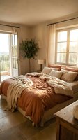 Warm, sunlit bedroom with terracotta and cream bedding, potted plant, sheer curtains, and balcony doors opening to countryside views. Ideal for home decor and interior design projects.