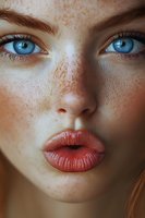 Close-up portrait of young Caucasian woman with blue eyes, freckles and natural makeup showcasing skincare and beauty concepts for cosmetic advertising.