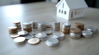 Stacks of coins arranged near white paper house model on wooden surface representing real estate investment, mortgage savings, property financing concept.