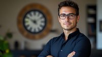 Professional businessman with glasses and crossed arms smiling confidently in modern office interior with clock on wall for corporate presentations.