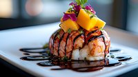 Gourmet sushi roll topped with grilled shrimp, mango slices and microgreens drizzled with dark sauce on white plate for restaurant menu design.